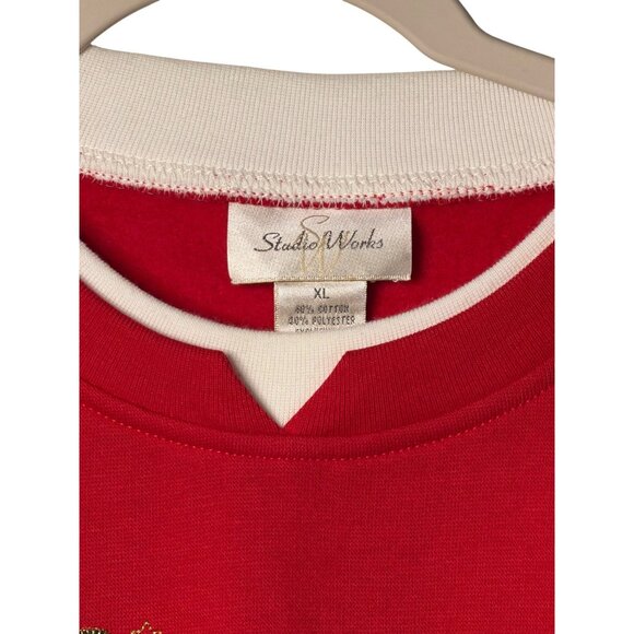 VTG Studio Works Holiday Noel Festive Sweatshirt Womens XL Red Embroidered 25.5" - Picture 3 of 6
